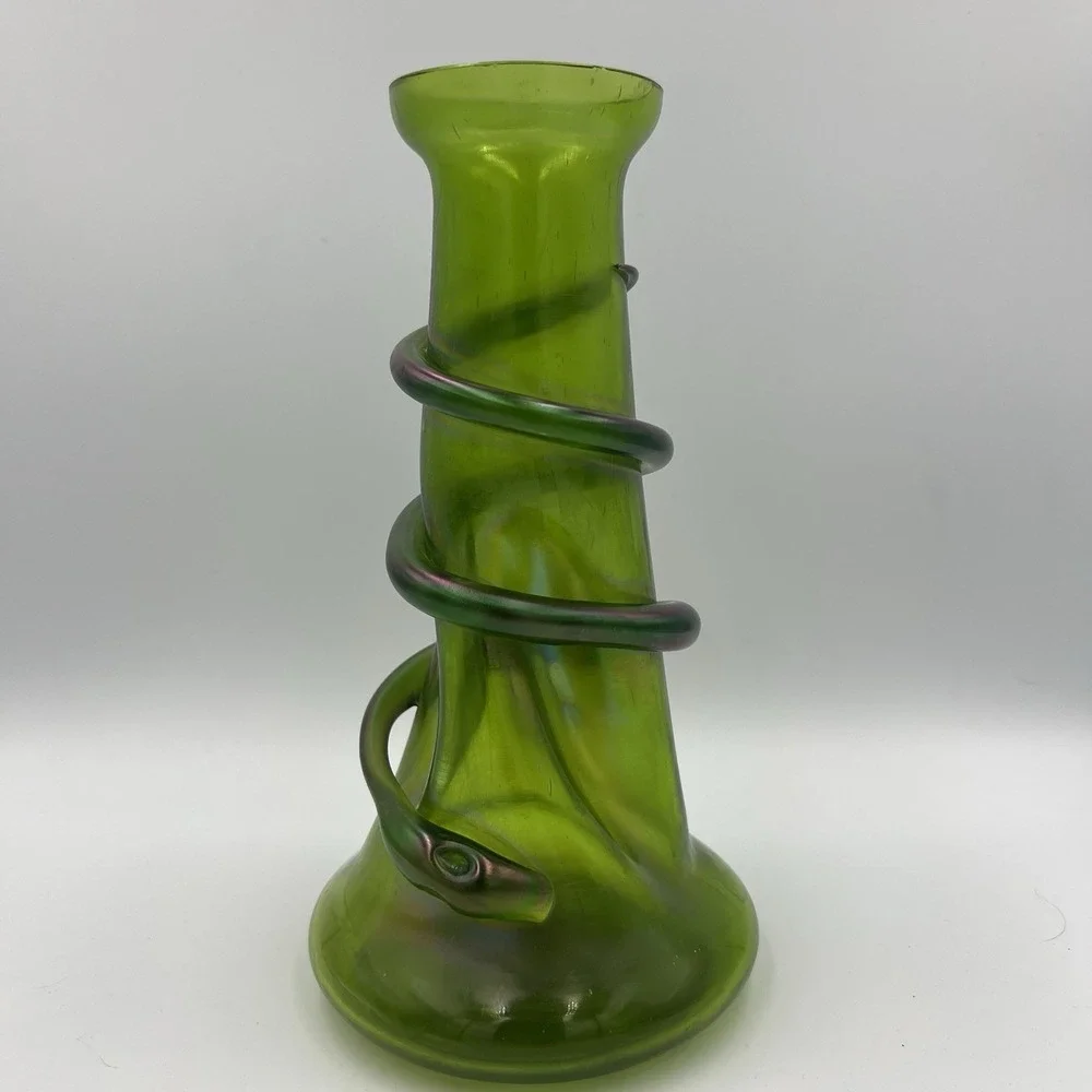 Antique Rindskopf‎ Snake Vase Bohemian Art Glass Olive Iridescent ca.1900
